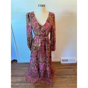 A Loves A Paisley Printed Long Sleeve V-Neck Ruffled Maxi Dress Size XSmall